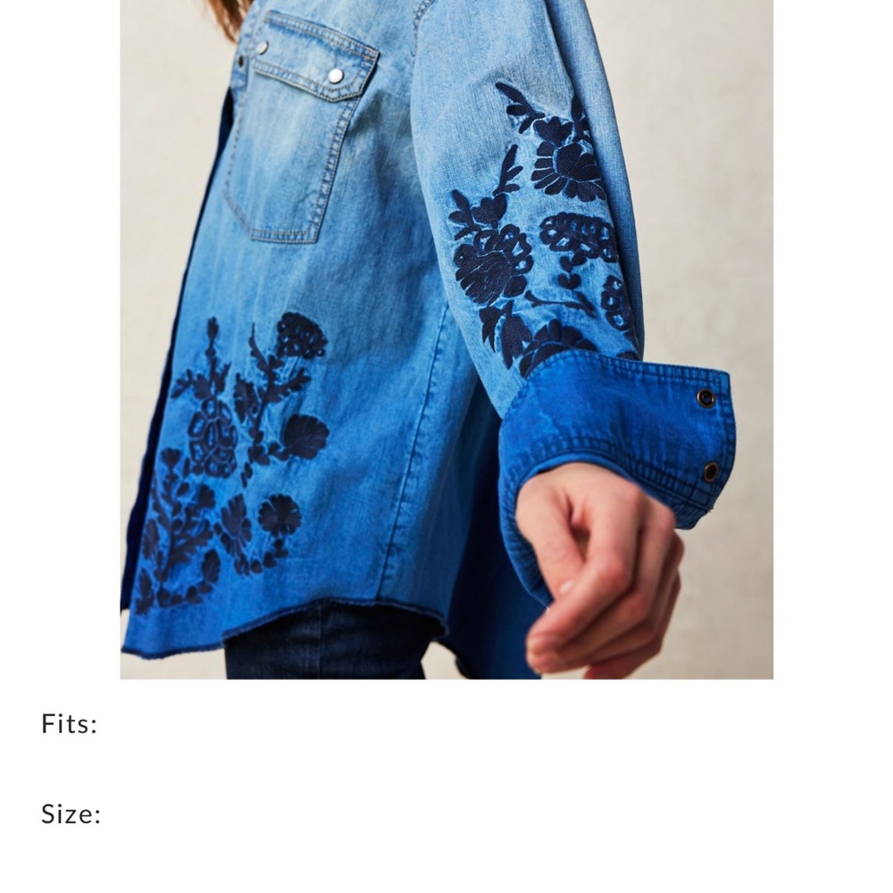 Free People Deep Sea Embroidered Shirt Blue Floral Button Down Shirt